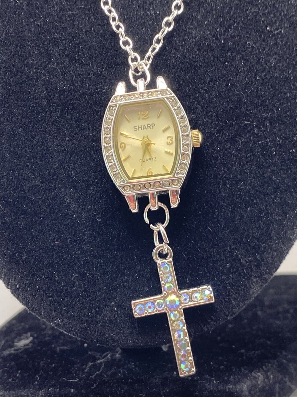 Womens Faith Christian Cross Custom Watch Necklace Rhinestone Works New Battery